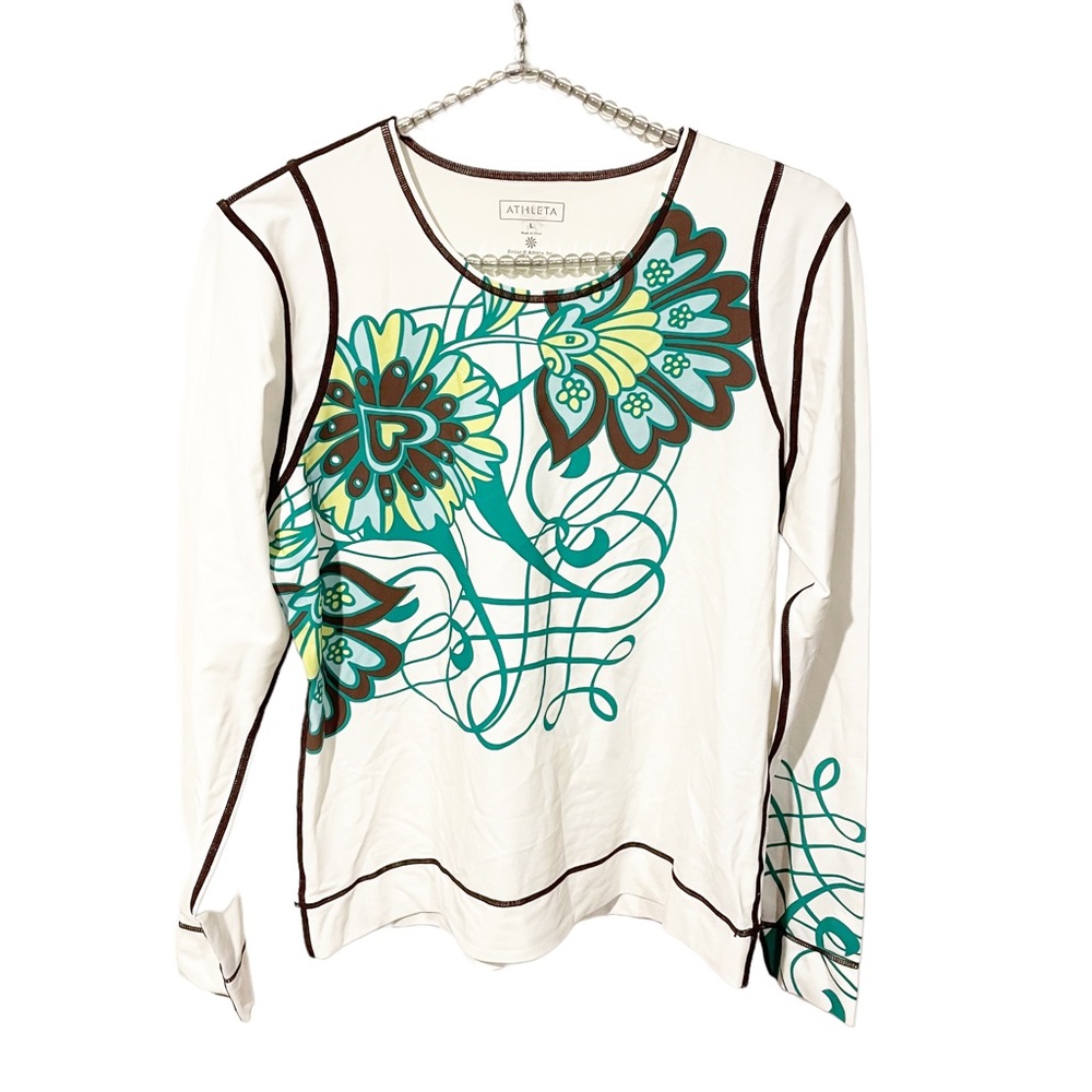 Athleta Large Long Sleeve Top Nylon Spandex Blend Floral Print Quick Dry